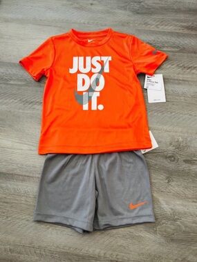 NEW Nike Orange & Gray Just Do It Activewear Athletic Dri-fit Tee and Shorts Set